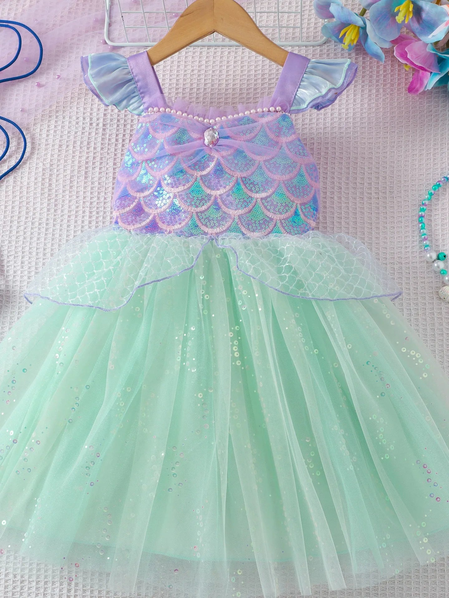 Mädchen Prinzessin Kleider Meerjungfrau Motto Party Sling Mesh Rock Pailletten Leistung Kostüm Geburtstag Kinder Kleidung Perle Säuglings Kleid.