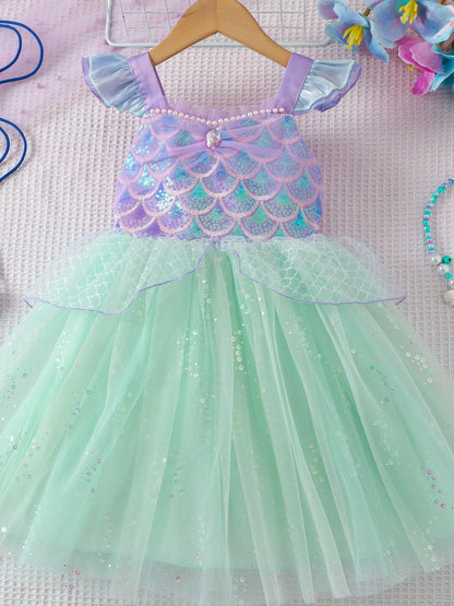 Mädchen Prinzessin Kleider Meerjungfrau Motto Party Sling Mesh Rock Pailletten Leistung Kostüm Geburtstag Kinder Kleidung Perle Säuglings Kleid.