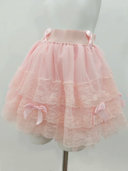 Multilayered Lace Skirts for Sweet Girls Summer Ribbons Bows Decoration Elastic Waist Lolita Style White Skirt Kawaii Clothes.