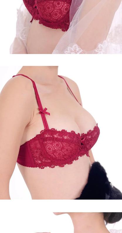 Plus Size Sexy Half Cup Lace Bra Sheer Mesh Unlined Bralette for Women A D Cup, Invisible Push Up Underwire Lingerie Set.
