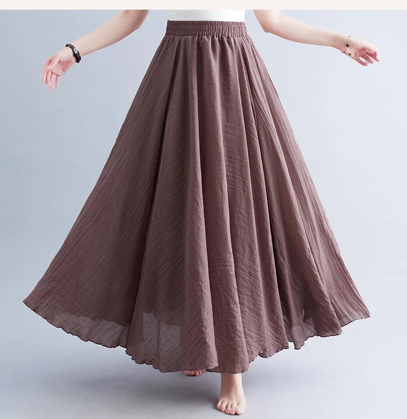 28-Color Mori Girl Literary Cotton Linen Dress Elastic Waist A-line Expansion Skirt Solid Color Ethnic Style Women Long Skirts.
