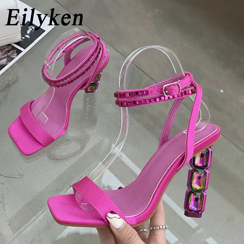 Eilyken Summer Crystal Embellished High Heel Sandals Women Diamond Open Toe Ankle Strap Silk Satin Rhinestone Banquet Shoes.