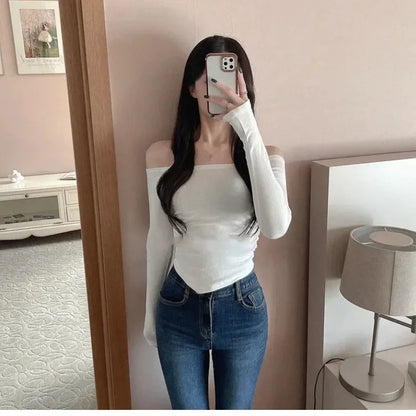 Korean Dongdaemun Fashionable Women's Clothing Off-the-shoulder Sexy Slimming Long Sleeve T-shirt Cropped Top Smooth Silhouette.