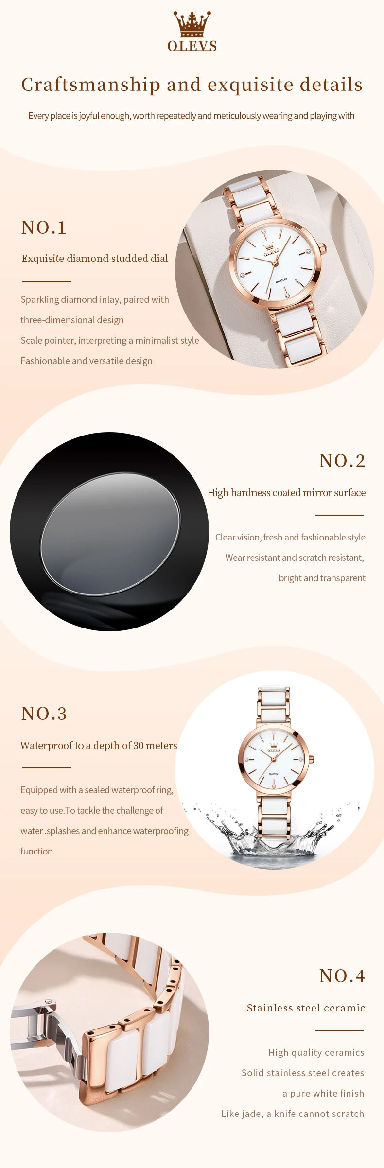 OLEVS 5877 Japan Quartz Movement Woman Watch Simple Elegant Luxury Rose Gold Ceramics Strap Waterproof Ladies Dress Wristwatch.