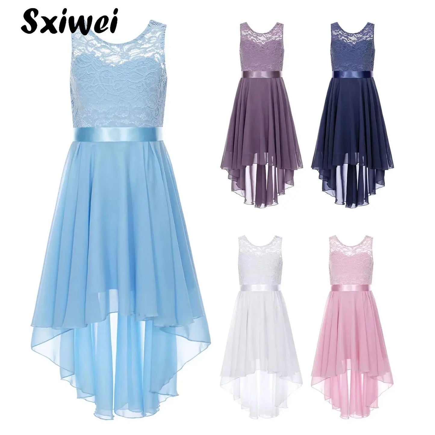 Blumenmädchen-Chiffonkleid mit floraler Spitze, Sommer, ärmellos, hoher, niedriger Saum, formelles Hochzeitskleid für Brautjungfer, Junior, Prinzessin.