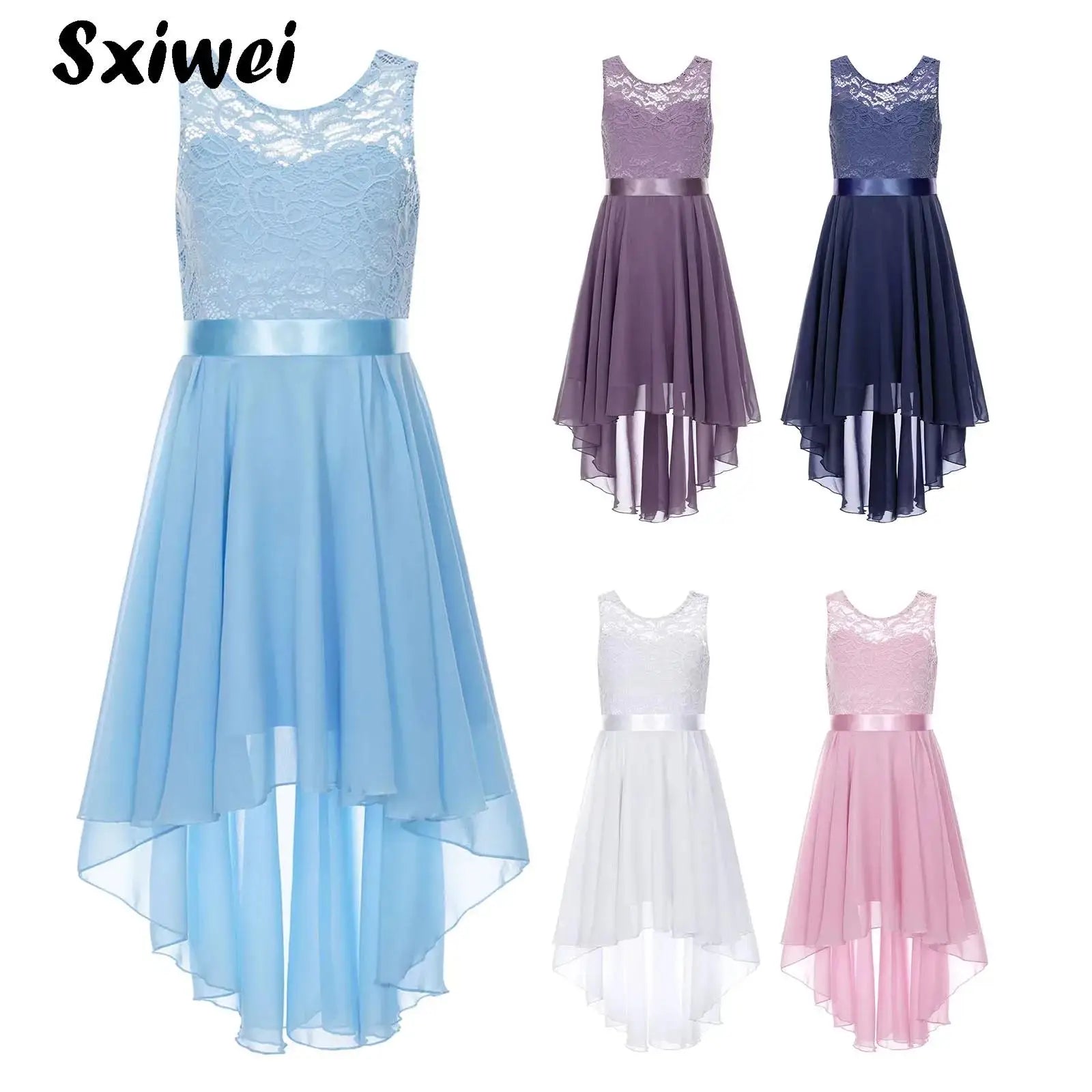 Blumenmädchen-Chiffonkleid mit floraler Spitze, Sommer, ärmellos, hoher, niedriger Saum, formelles Hochzeitskleid für Brautjungfer, Junior, Prinzessin.