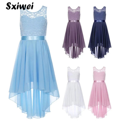 Blumenmädchen-Chiffonkleid mit floraler Spitze, Sommer, ärmellos, hoher, niedriger Saum, formelles Hochzeitskleid für Brautjungfer, Junior, Prinzessin.