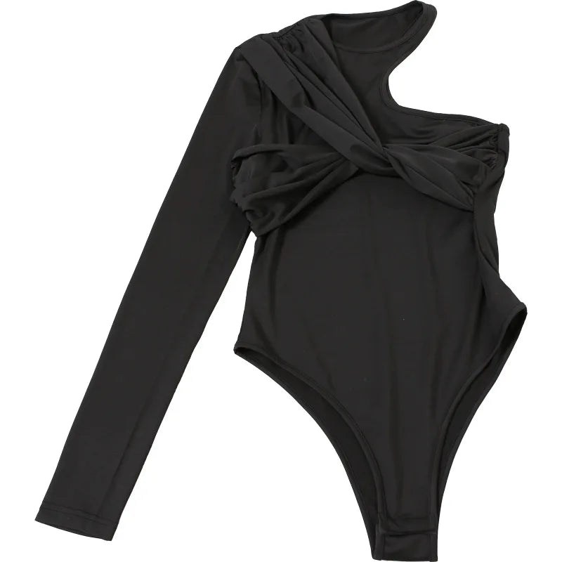 Autumn 2025 Long Sleeve Pullover New Fashion Sexy Spice Girls Crew Neck Single Rotator Sleeve Pleated Slim Bodysuit Women