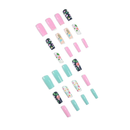 24pcs/set Medium long square fake nails for women girls cute heart flowers feather butterfly design press on false nail art tips