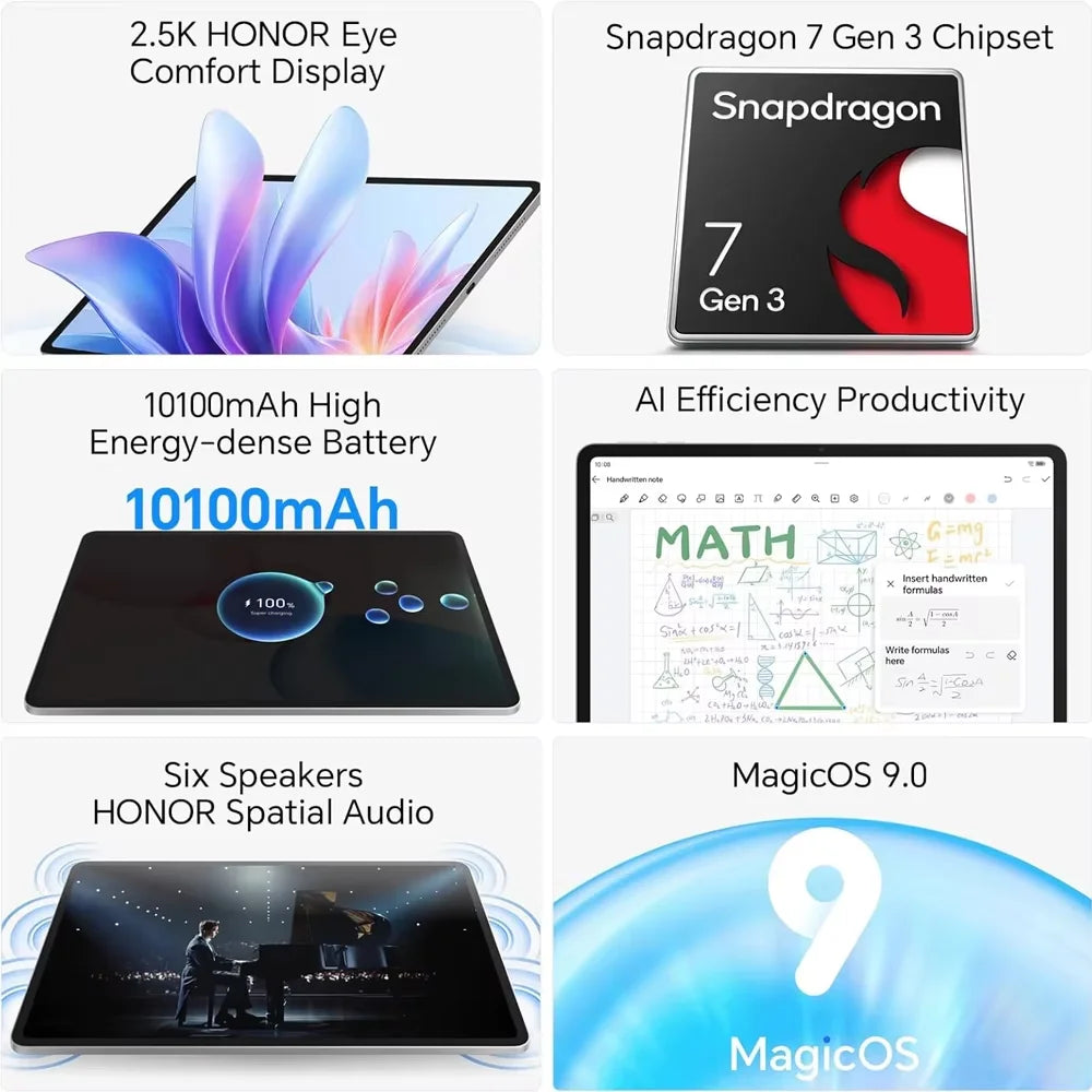 HONOR Pad 10 Tablet 8GB+256GB,12.1-inch 120Hz 2.5K(2560*1600) Display,Snapdragon 7 Gen 3 10100mAh Battery,MagicOS 9.0 (Android 15),8MP camera,WIFI 6,Bluetooth 5.3.