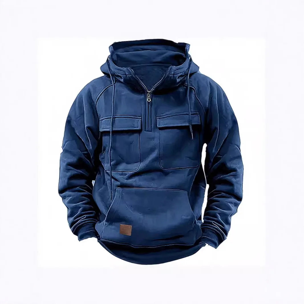 2025 New Autumn Winter Men's Hooded Solid-color Casual Hoodie Fashionable Young Man's Multi-Pocket Patch Hoodie Pullover Shirt.