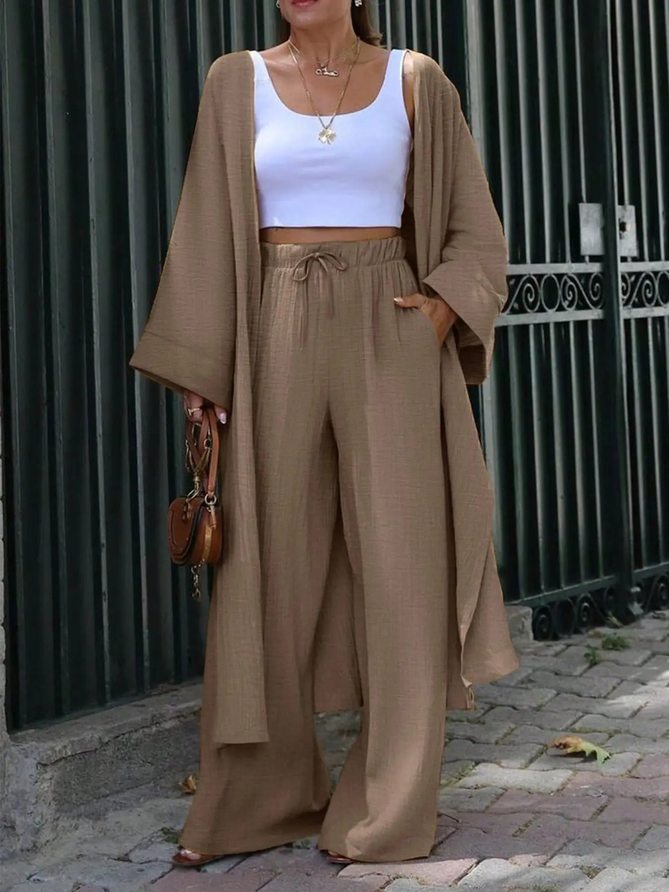Clothes Autumn open-collar Solid Color Long Loose Top + Drawstring Wide-leg Trousers Trajes De Mujer Conjunto 2 Piezas Elegantes.
