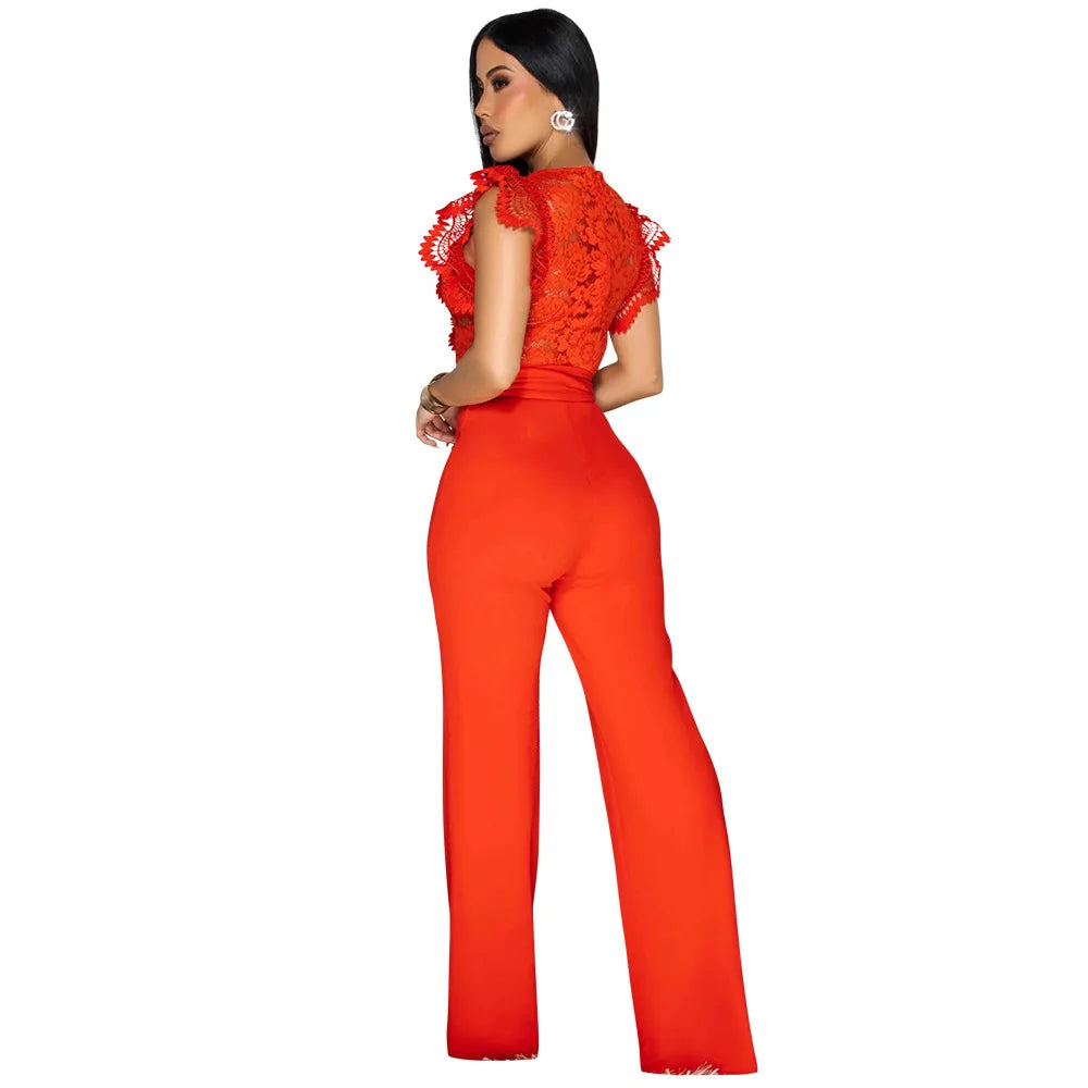 Summer Fashion Lace High Waisted Jumpsuit Women Elegant OL Lace Sleeveless Waistband Straight Jumpsuit Women.