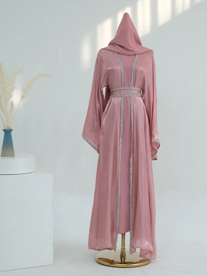 Muslim Abaya for Women Eid Dress 2 Piece Set Diamond Morocco Ramadan Lace-up Abayas Kaftan Islam Cardigan Dubai Arab Long Robe