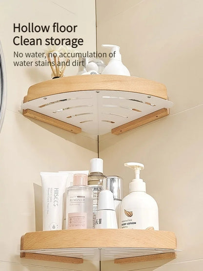 Badezimmer-Aufbewahrungsregal aus Holz und Aluminium, Aufbewahrungsregal für Badezimmer, perforationsfrei, Wandbehang, Waschtisch, WC, dreieckiges Eckregal