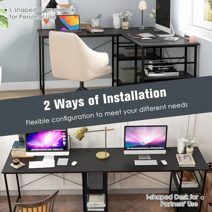 L-förmiger Schreibtisch Computertisch mit Regal, großer Arbeitsplatz, Home Office Gaming Tisch, höhenverstellbar, Schwarz