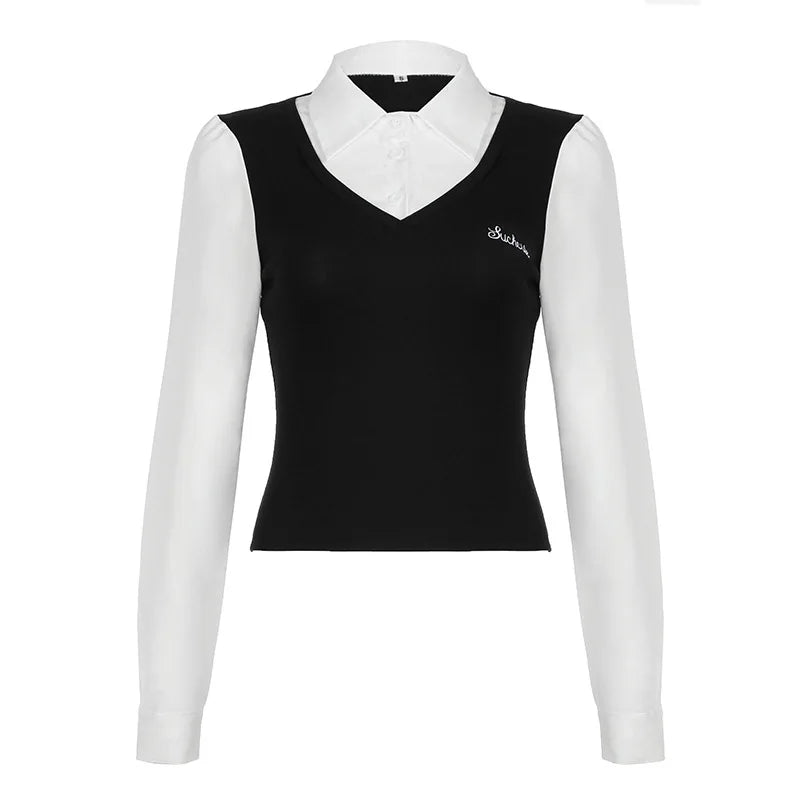 Fashionable and minimalist college style contrasting color lapel fake two piece T-shirt versatile short sleeved top