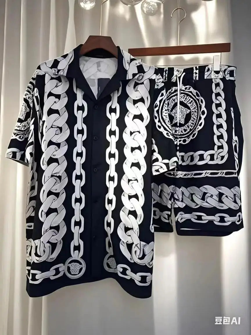 Mode männer Hawaiian Shirt Sets 2025, Runway Luxus Berühmte Marke Europäischen Design Party Stil Conjuntos De Ropa Para Hombre.