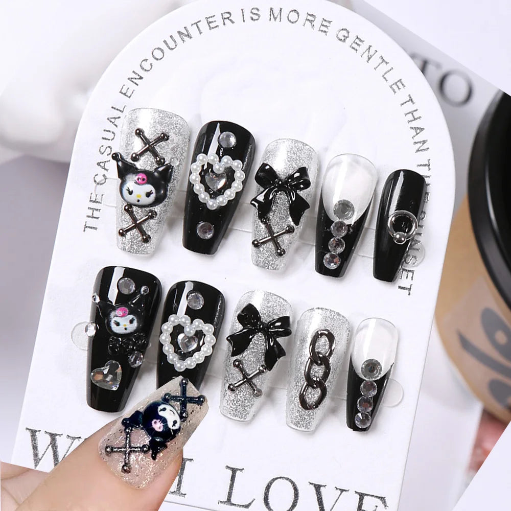 24Pcs 3D kuromi press on nails Y2K Cartoon Handmade Fake Nails Black Gel nail Wearable Nails Cinnamoroll Melody Anime False Nail.