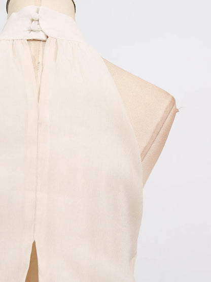 VGH Solide Abend Gespleißt Rüschen Maxi Kleider für Frauen High Neck Ärmellose Tunika Temperament Zeremonie Kleid Weibliche Kleidung