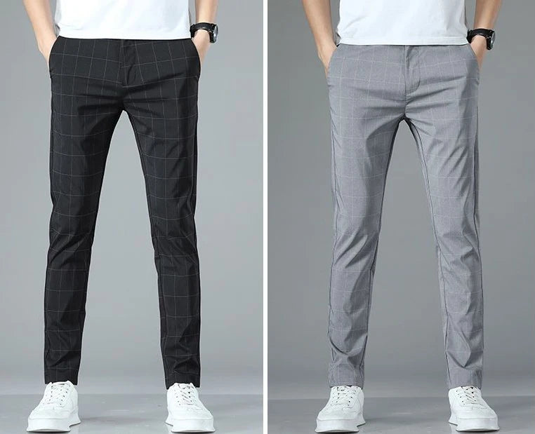 Male Suit Trousers Check Cooling Ice Silk Plaid Straight Up Clothes Offer Slacks Designer Men's Summer Pants Fabric 2025 Classic.