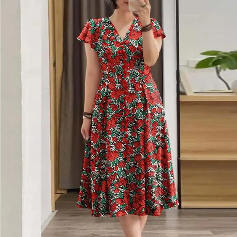 ZANZEA Elegante Frauen Floral Print Midi Kleid Sommer 2025, Casual Rüschen Kurzarm V-ausschnitt Vestidos Mode Cinched Taille Roben.