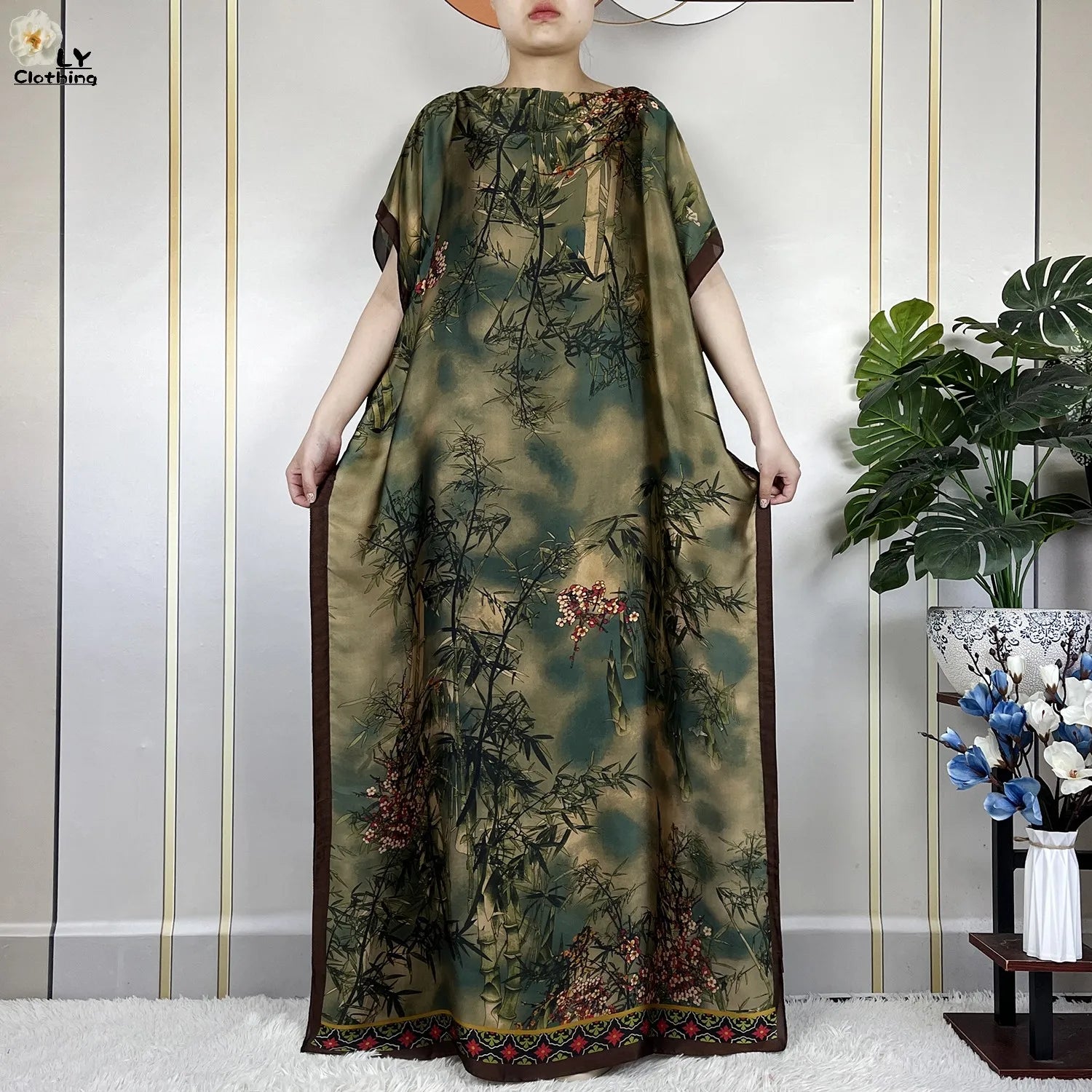 2024 New Dubai Summer Fashion For Women Printed Silk Soft Loose Femme Robe African Islam Maxi Woman Casual Dresses With Turban.