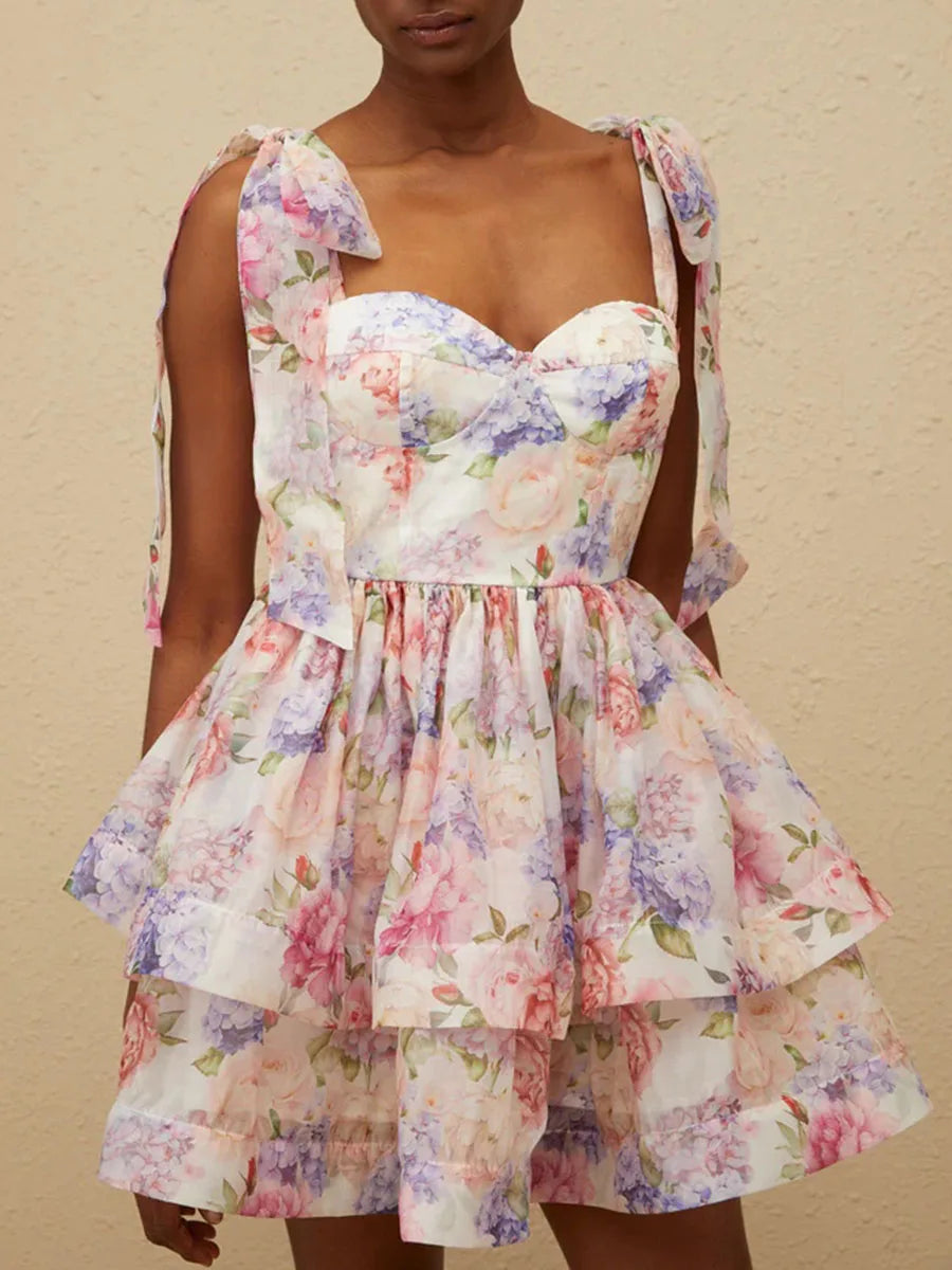 TWOTWINSTYLE Abnehmen Druck Verstärktes Spitze Up Elegante Kleider für Frauen Square Neck Ärmellose Patchwork Rüschen Kleid Weibliche.