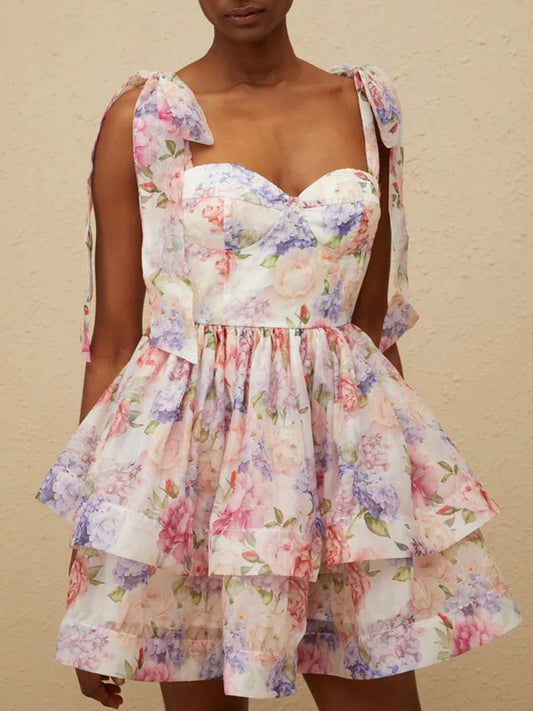 TWOTWINSTYLE Abnehmen Druck Verstärktes Spitze Up Elegante Kleider für Frauen Square Neck Ärmellose Patchwork Rüschen Kleid Weibliche.