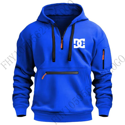 New men's hooded sportswear for autumn and winter 2025, long-sleeved multi-zipper pocket outdoor fishing casual pullover.