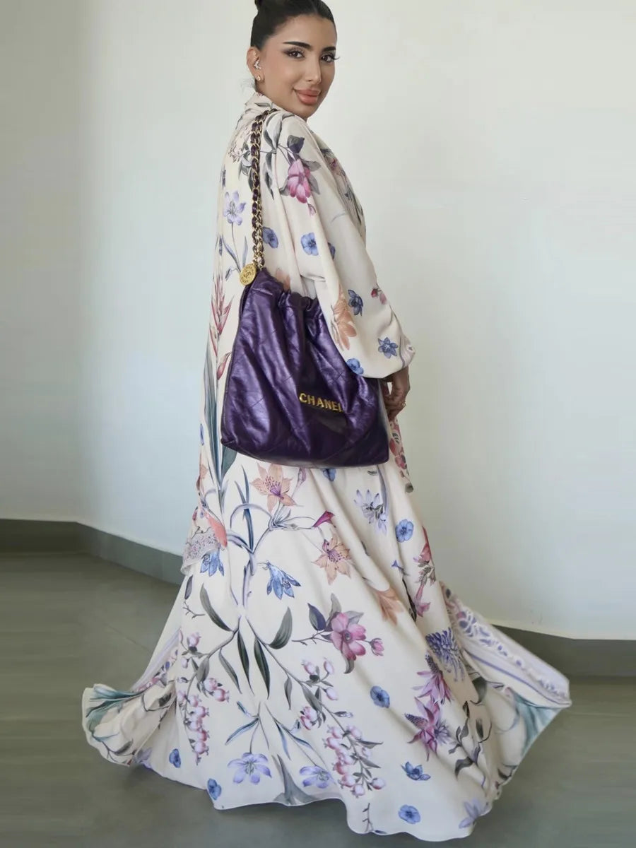 Muslim Women Dubai Abaya Luxury Floral Print Kimono Cardigan Hijab Long Dress Kaftan Ramadan Robe Femme Islam Clothing Kebaya.