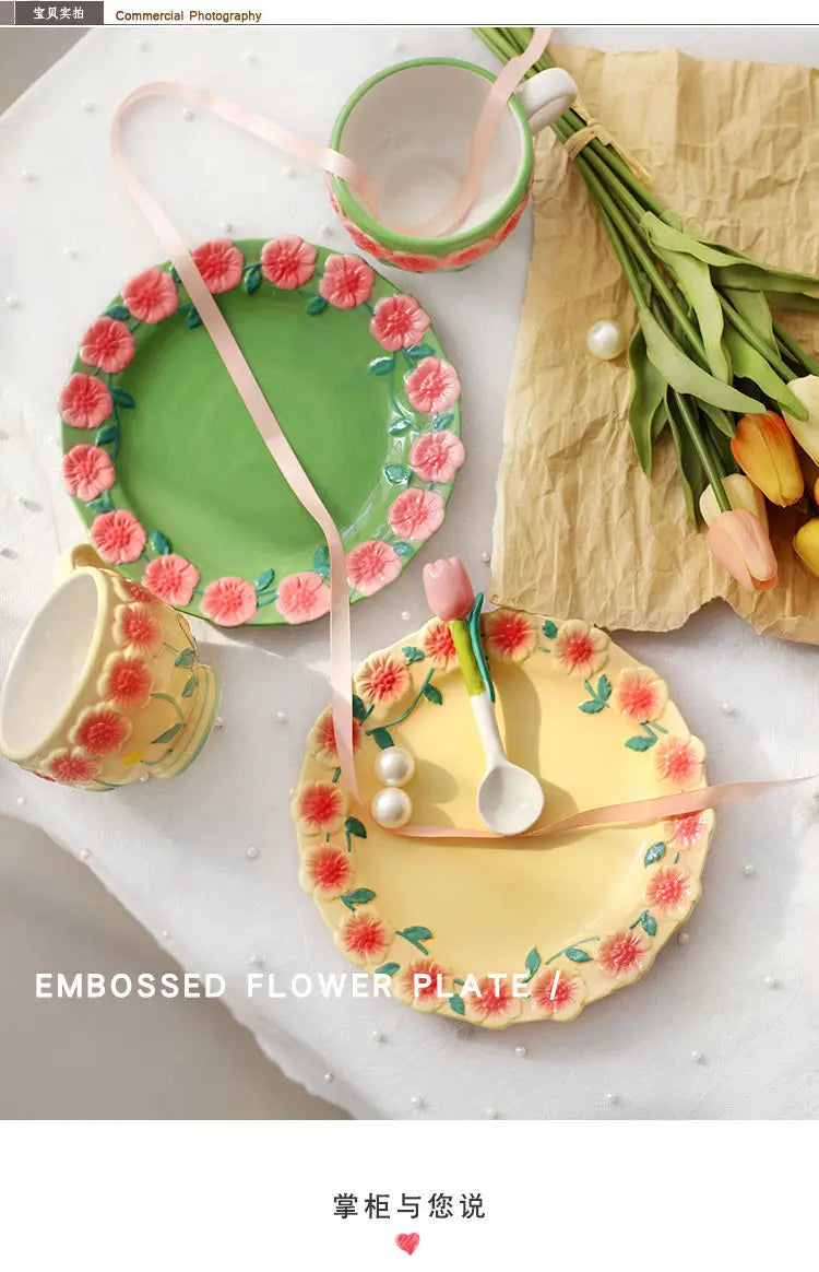 Flower Plate Embossed Small Flower Breakfast Dessert Plate Household Ceramic Plate Under Glaze Colored Hand-painted Tableware.