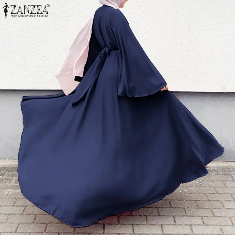 Frauen Lerisure Muslimischen Lange Kleid Übergroßen Vestidos ZANZEA 2023 Sommer Frühling Flare Ärmeln Soild Weibliche Türkische Robe Abaya