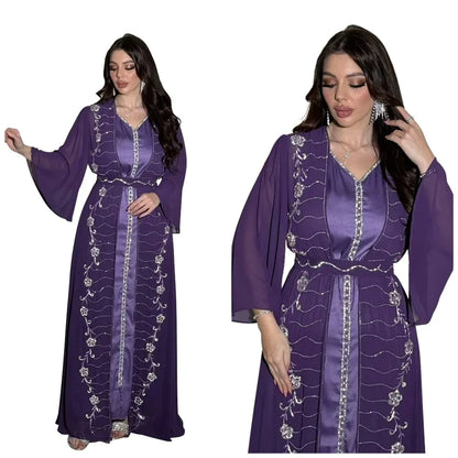 Muslim Set Dress Women Four-season Commute Muslim Set Fashion Party Dubai Turkey Long Sleeve Chiffon Cardigan Dress and Vest 2ps.