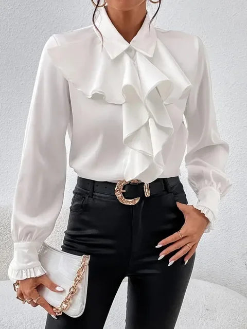 Spring Autumn Shirts Fashion White Ruffled Elegant Blouse Tops Women New Long Sleeve Lapel Woman Shirt Solid Office Ladies Tops.