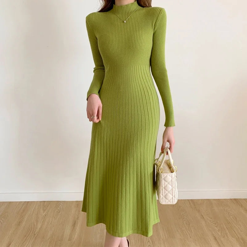Herbst Winter schlankes Langarm Party Midi Kleid für Frauen gestrickt halbhohen Kragen elegante Strick pullover Kleider Damen.