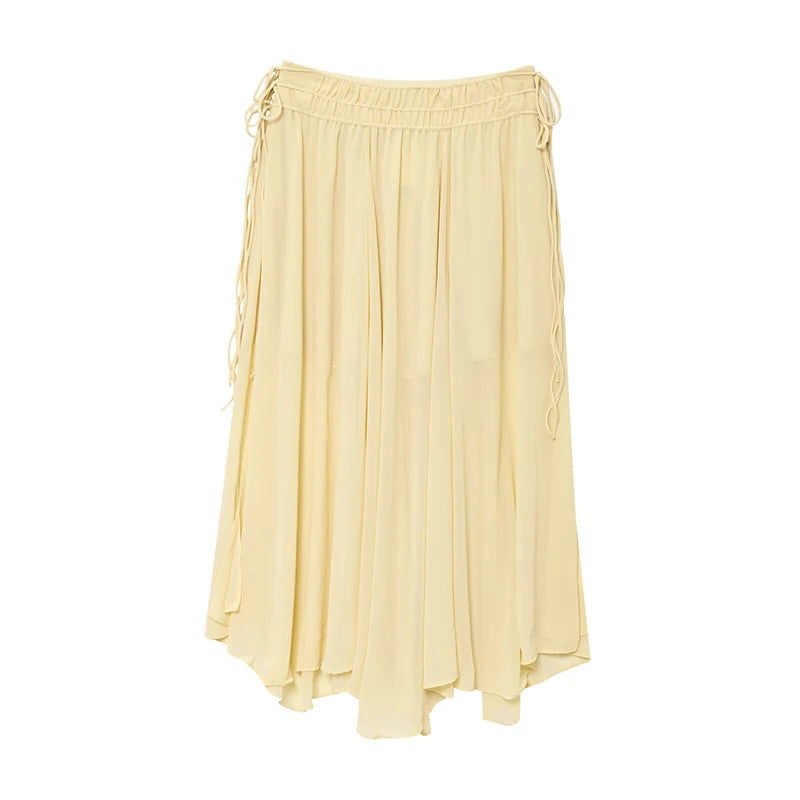 YENKYE New Fashion Side Drawstring High Waist Elegant Yellow Skirt Women Holiday Summer Loose Chiffon Midi Skirts faldas mujer.
