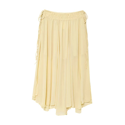 YENKYE New Fashion Side Drawstring High Waist Elegant Yellow Skirt Women Holiday Summer Loose Chiffon Midi Skirts faldas mujer.