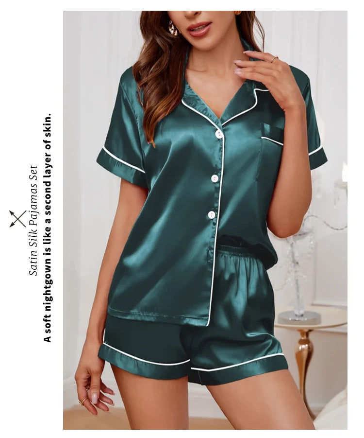 Sommer-Pyjama-Set aus Seidensatin für Damen, Oberteil und Shorts mit Knopfleiste, 2-teilig, Nachtwäsche, gekerbter Kragen, Nachtwäsche, Loungewear für Damen