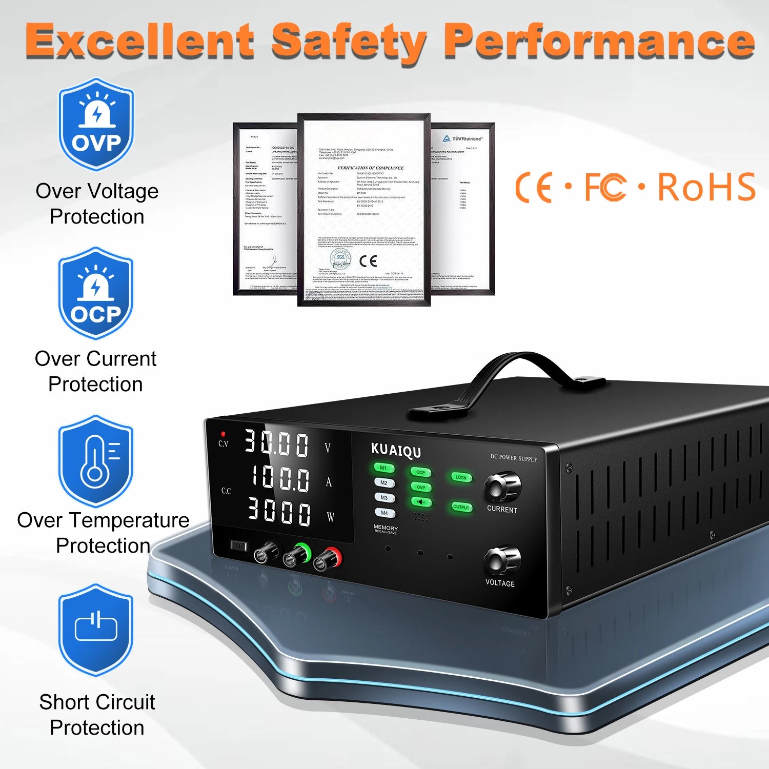 KUAIQU 3000W High Power Adjustable Bench Power Supply 1000V 300V 200V 100A 60A 30A Lab Power Supply OCP Alarm OVP Output Switch.