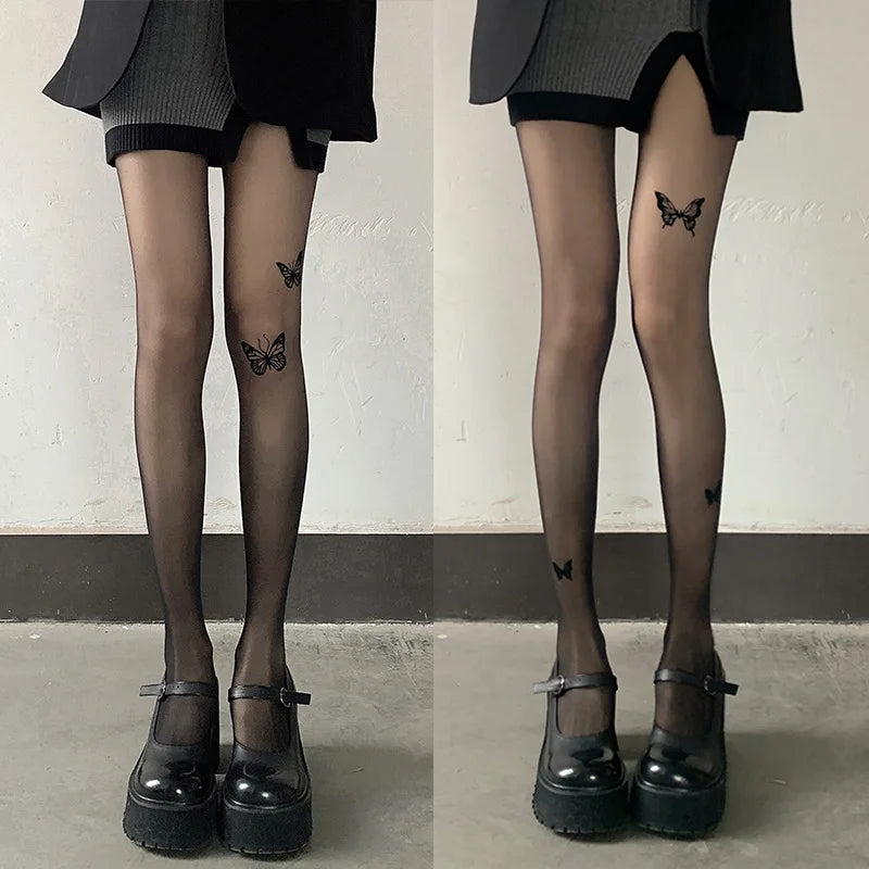 Women Butterfly Print Tights Pantyhose Spring Summer Black Nylon Ultra-thin Stockings Hosiery Spicy Girl Party Club Stockings.