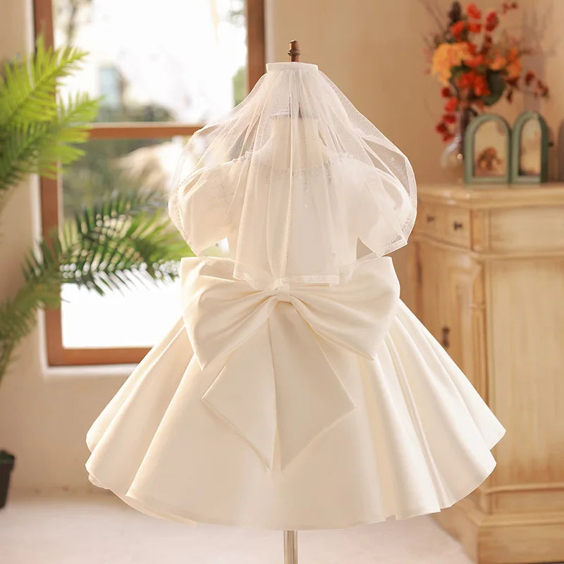 Sommer Solide Perlen Prinzessin Kleid Rundhals Elegante Kinder Brautjungfer Kleidung Luxus Kleider für Hochzeit Edle Kind Kleidung.