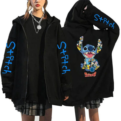 Men's and women's Lilo Stitch hooded jackets, Bonita Harajuku anime, cartoon Gothic streetwear, women's zippered sweaters.