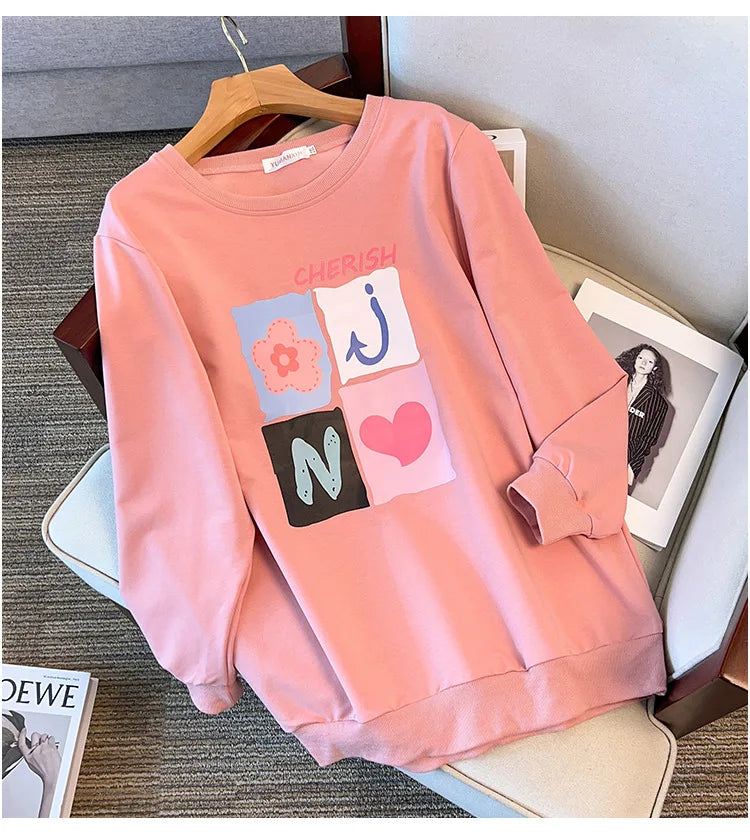 175kg plus size Damen büste Frühling Herbst lose Langarm bedrucktes Sweatshirt Top schwarz rosa 6xl 7xl 8xl 9xl 10xl 11xl.