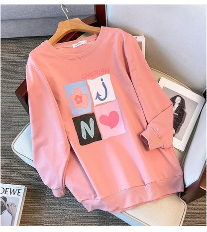 175kg plus size Damen büste Frühling Herbst lose Langarm bedrucktes Sweatshirt Top schwarz rosa 6xl 7xl 8xl 9xl 10xl 11xl.