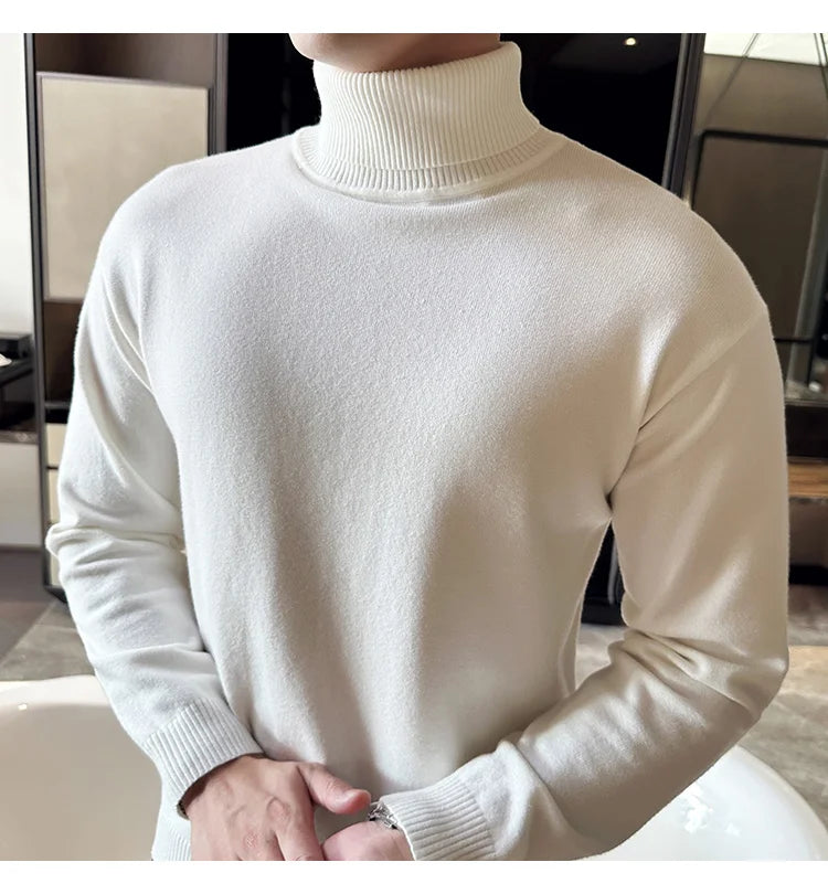 Korean Fashion Autumn Winter Sweaters Men Pullovers Fleece Turtleneck Knitted Sweatshirt Warm Bottoming Shirts.