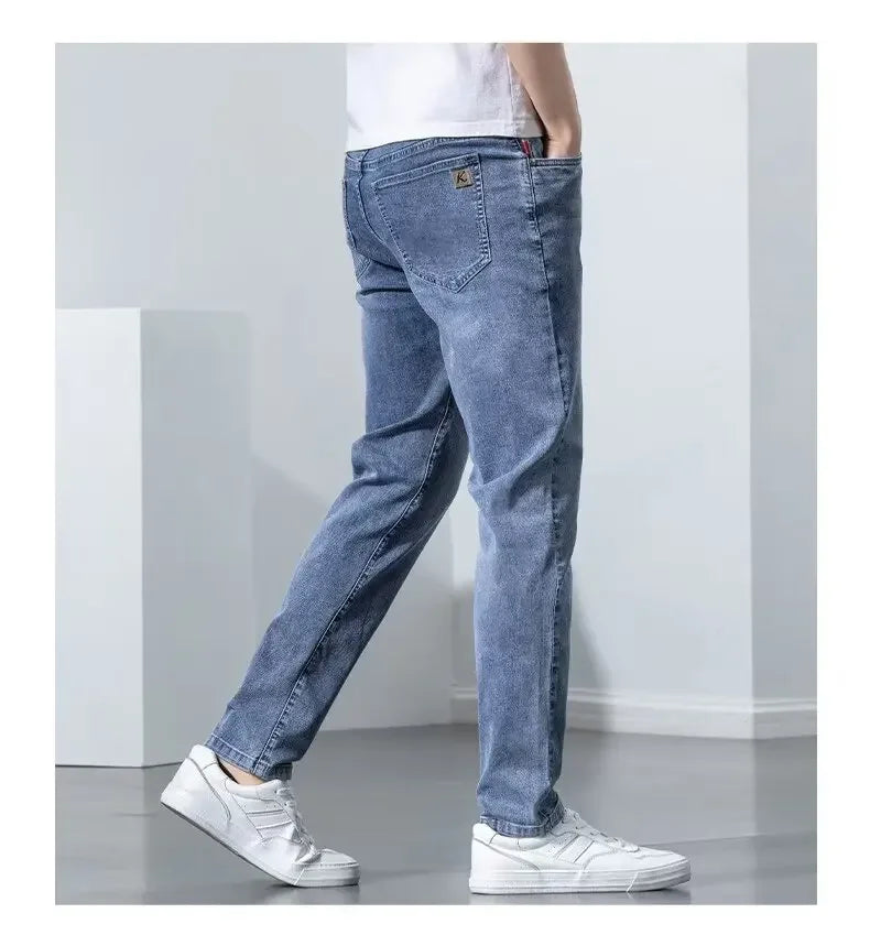 Hong Kong Summer Thin Men's Blue Jeans Slims Smooths Your Silhouette Feet Stretchy Korean Style Light Color Versatile Pants.