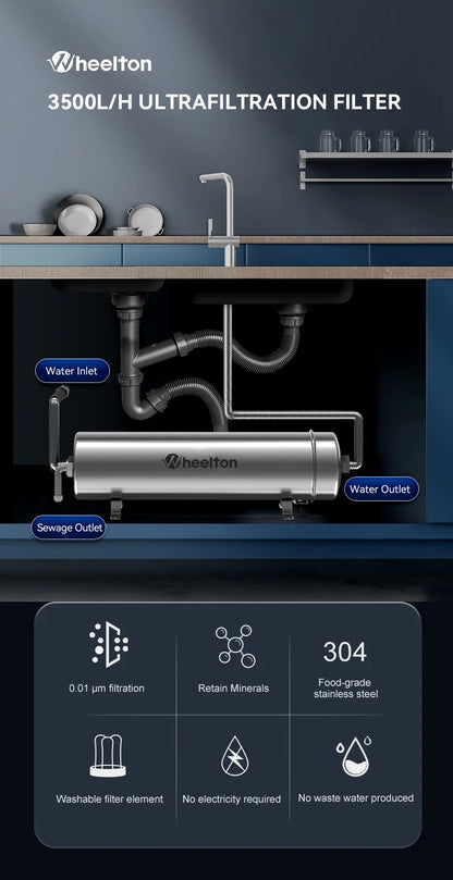 Wheelton PVDF UF 3500L/H Water Purifier Whole House Ultrafiltration Filter 0.01um Filtration SUS304 Drinkable Water.