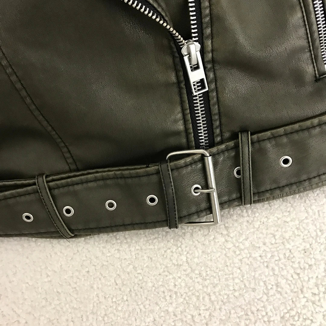Neue Frühjahr Frau Faux Leder Jacke Chic Vintage Amerikanische straße tragen Kurze Revers Zipper Gürtel Biker Mäntel Mode Streetwear.