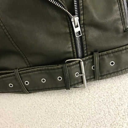 Neue Frühjahr Frau Faux Leder Jacke Chic Vintage Amerikanische straße tragen Kurze Revers Zipper Gürtel Biker Mäntel Mode Streetwear.